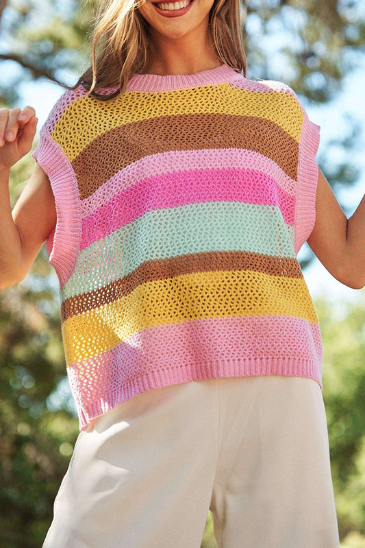 Pink Stripe Hollowed Crochet Cap Sleeve Loose Fit T Shirt
