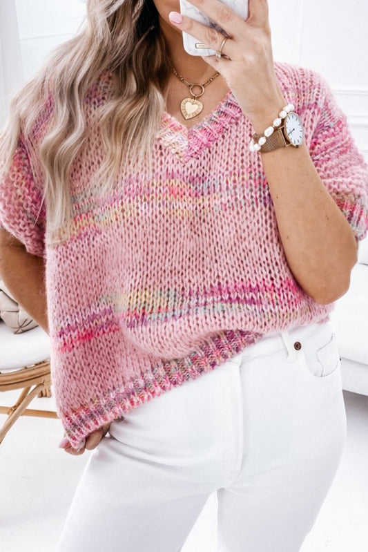Pink Striped Short Sleeve Space-Dye Cable Knit Sweater