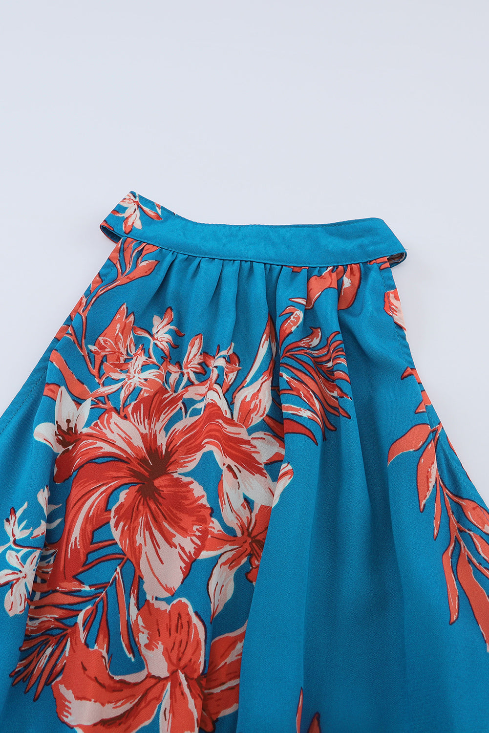 Sky Blue Floral Print Sleeveless Ruffled Short Dress