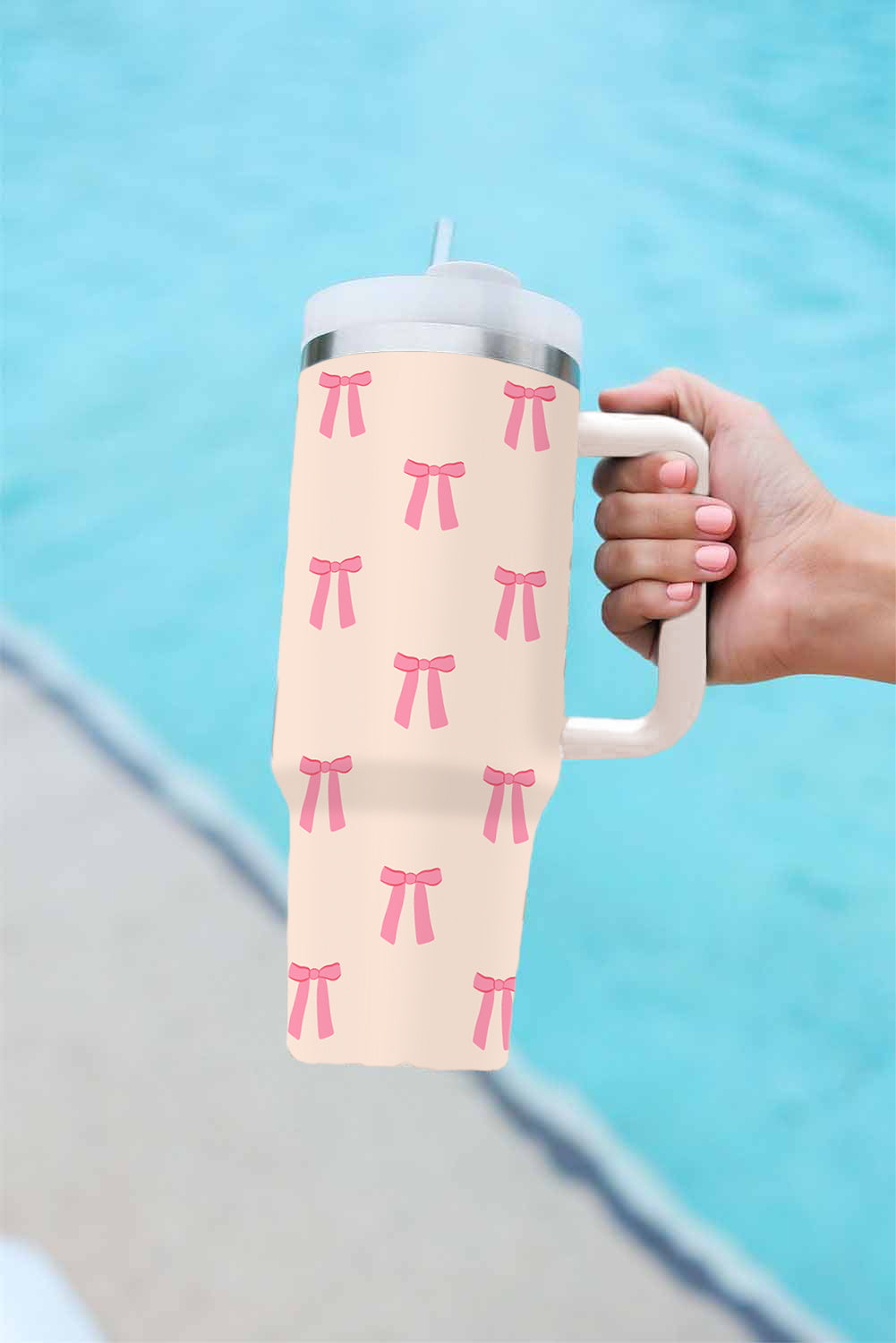 Beige Bow Knot Print Stainless Steel Handled Tumbler 40oz