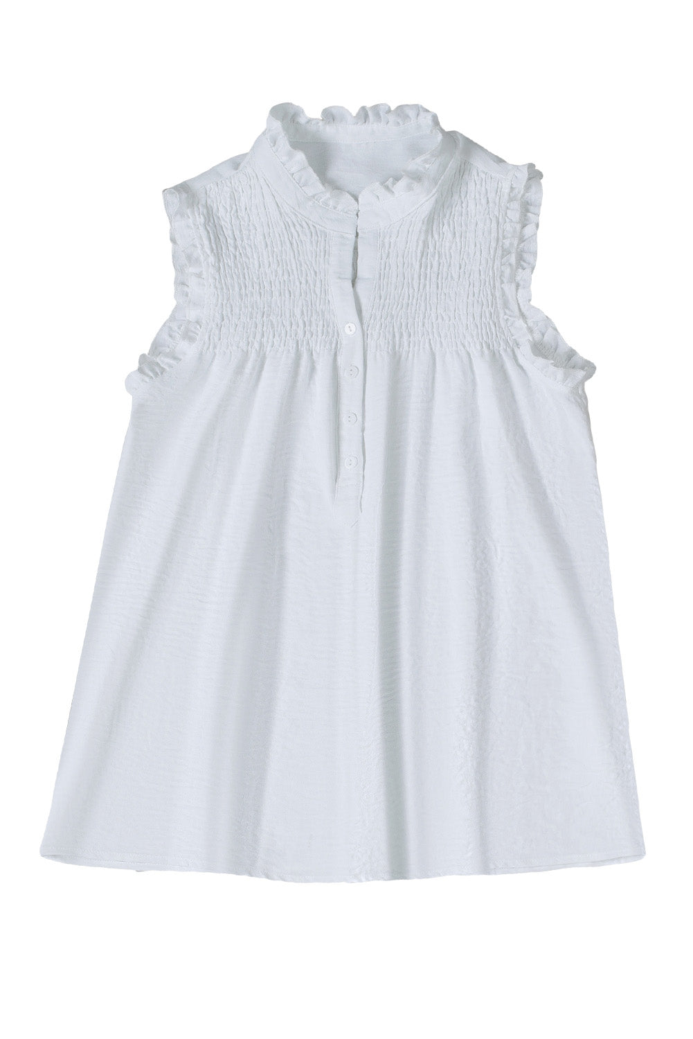 White Smocked Button Front V Neck Sleeveless Shirt