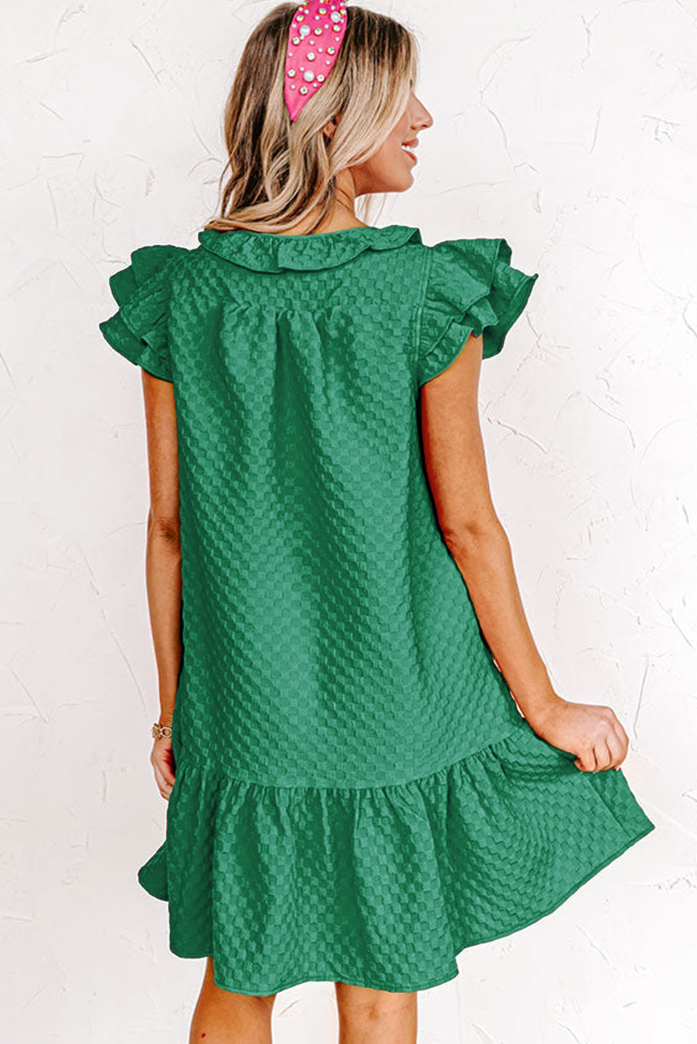 Blackish Green Flutter Shoulder Textured Checked Mini Dress