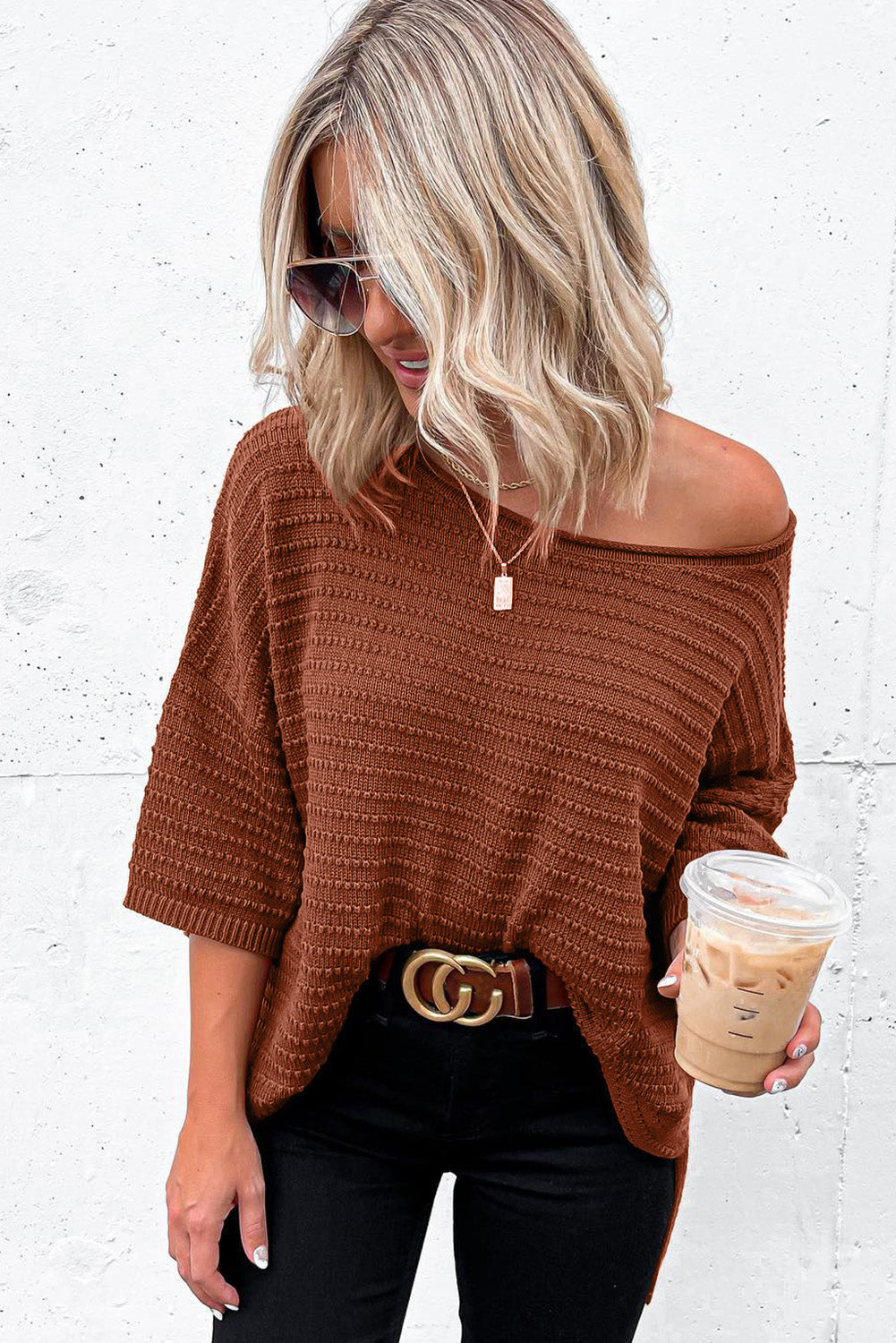 Apricot Casual Solid Rib-Knit Short Sleeve Top