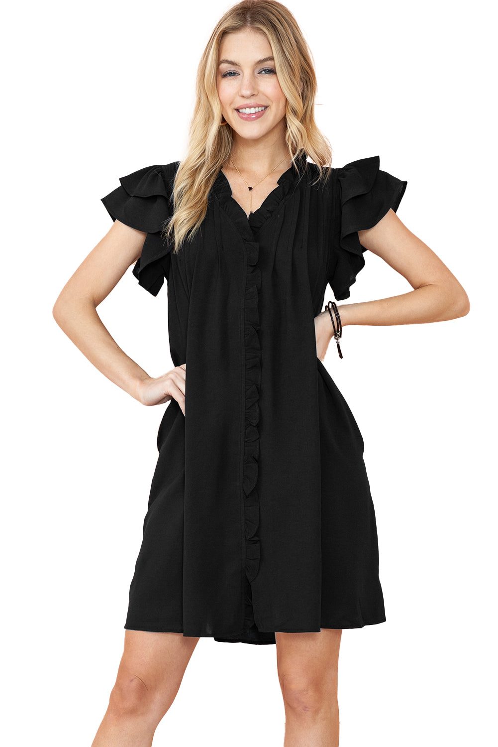 Black Ruffle Sleeve V Neck Frilled Shift Dress