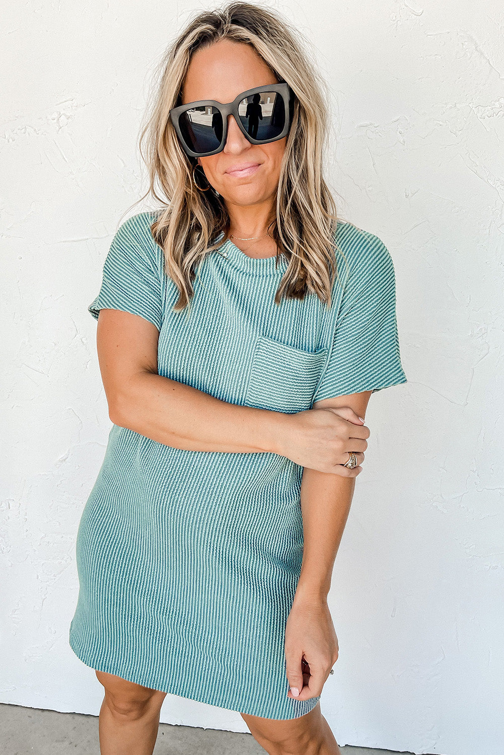 Blue Ribbed Chest Pocket Casual T Shirt Dress