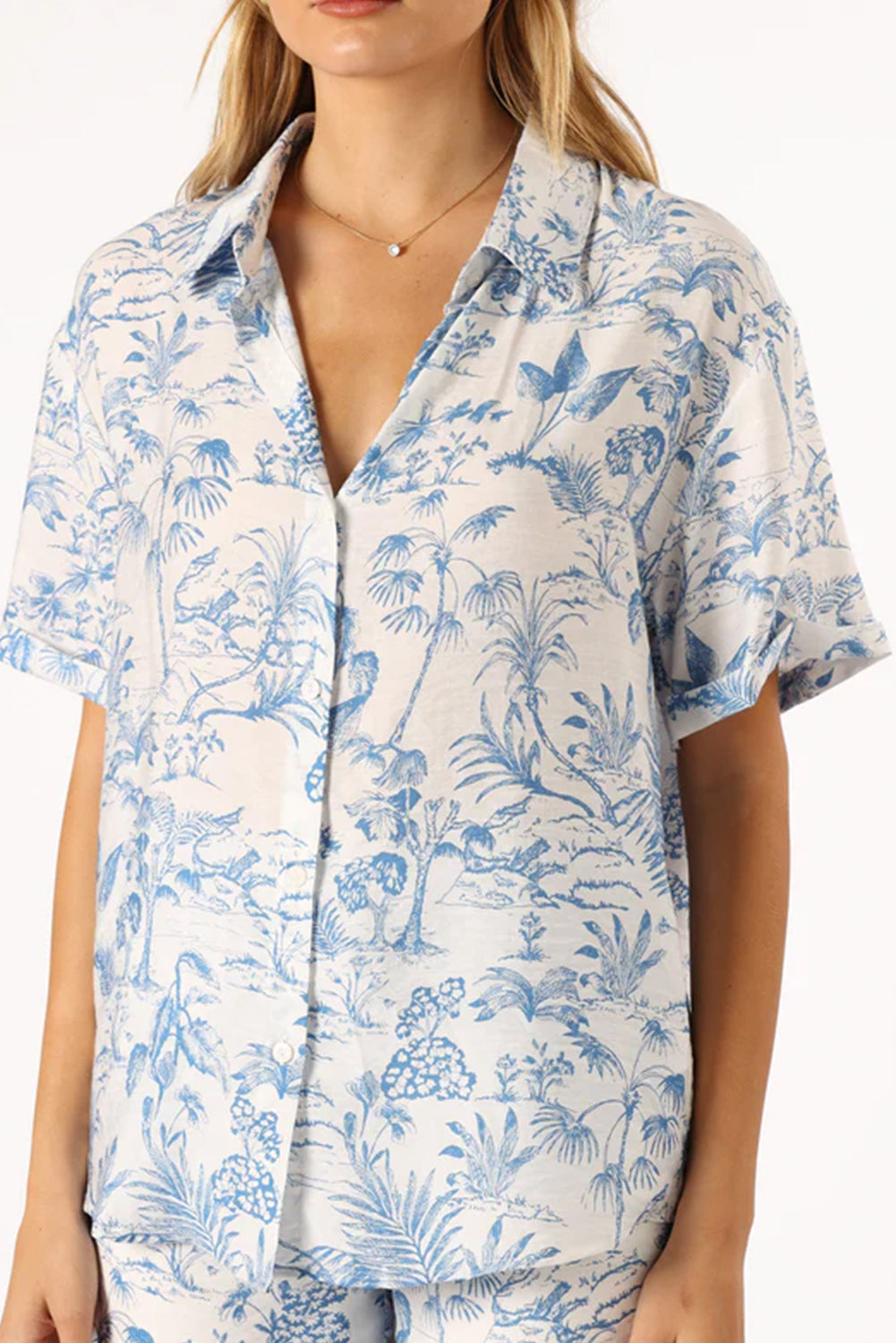 Sky Blue Tropical Print Button-Up Shirt & Shorts Set