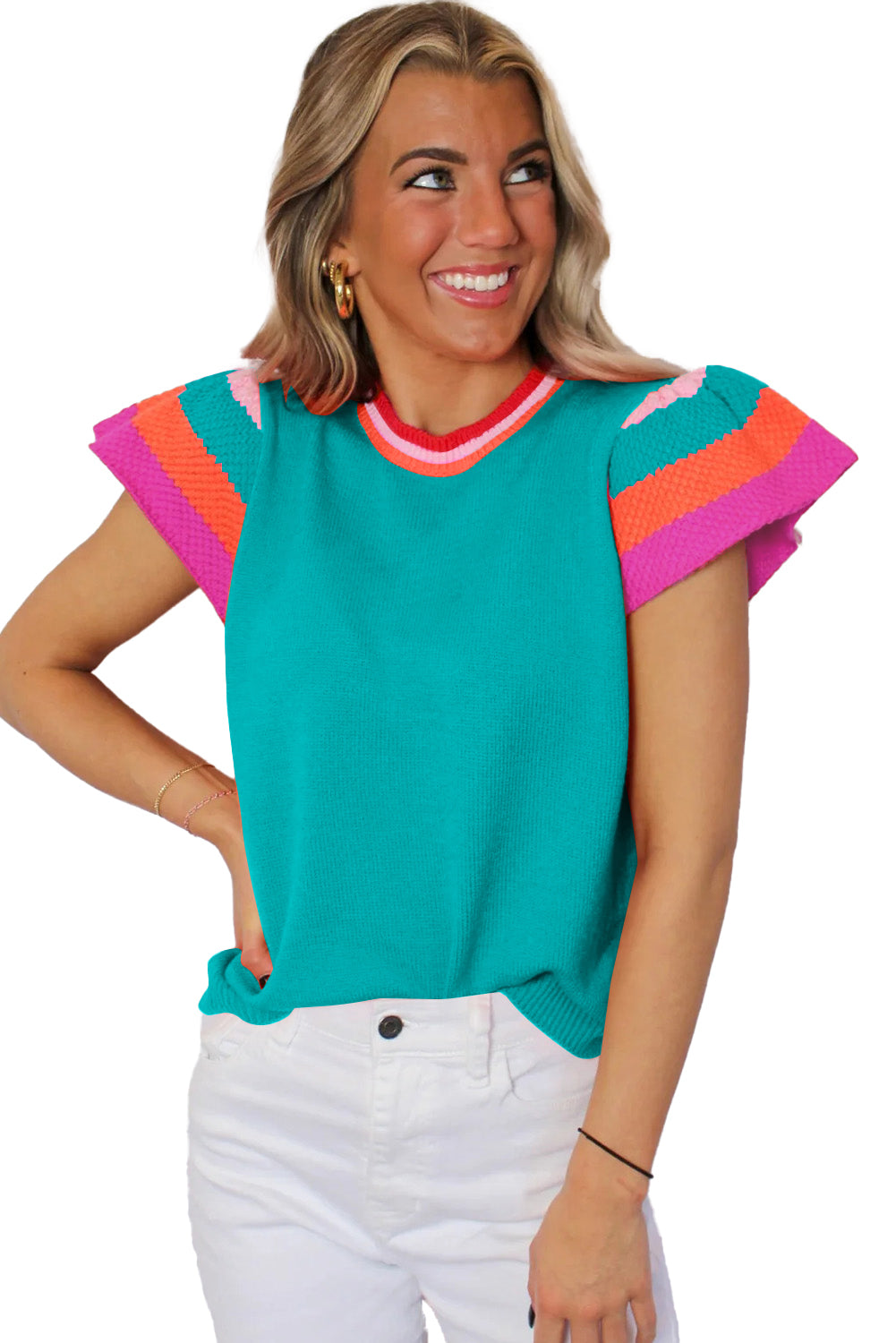 Turquoise Contrast Sleeve Striped Round Neck Knitted Tee