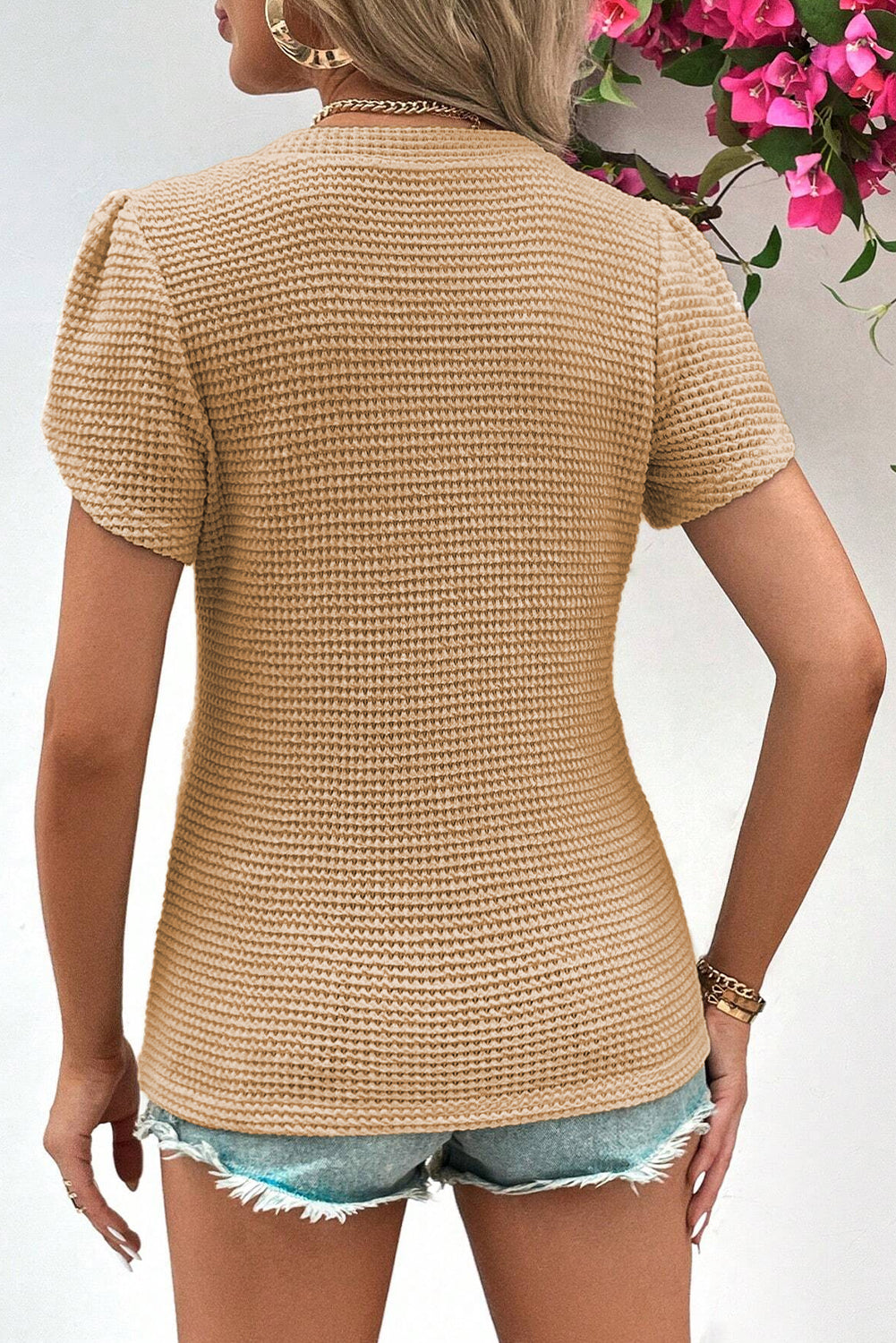 Camel Petal Sleeve Waffle Knit V Neck T-Shirt