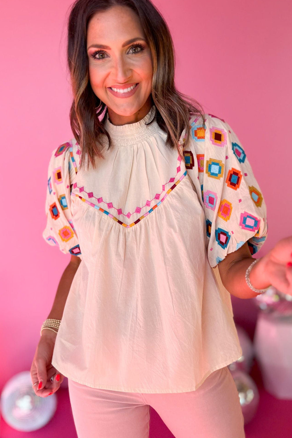 White Geometric Embroidered Smocked Neck Puff Sleeve Top