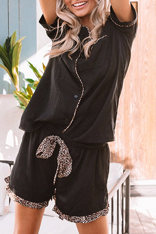Black Leopard Contrast Shirt & Drawstring Shorts Loungewear Set