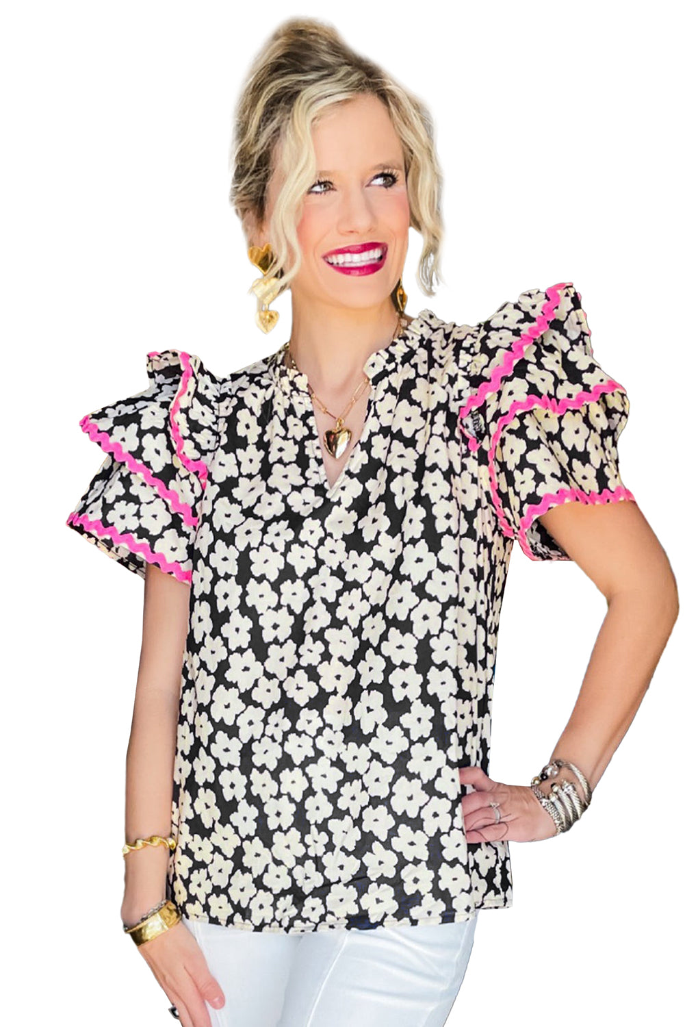 Black Contrast Ric Rac Layered Ruffle Sleeve Floral Blouse