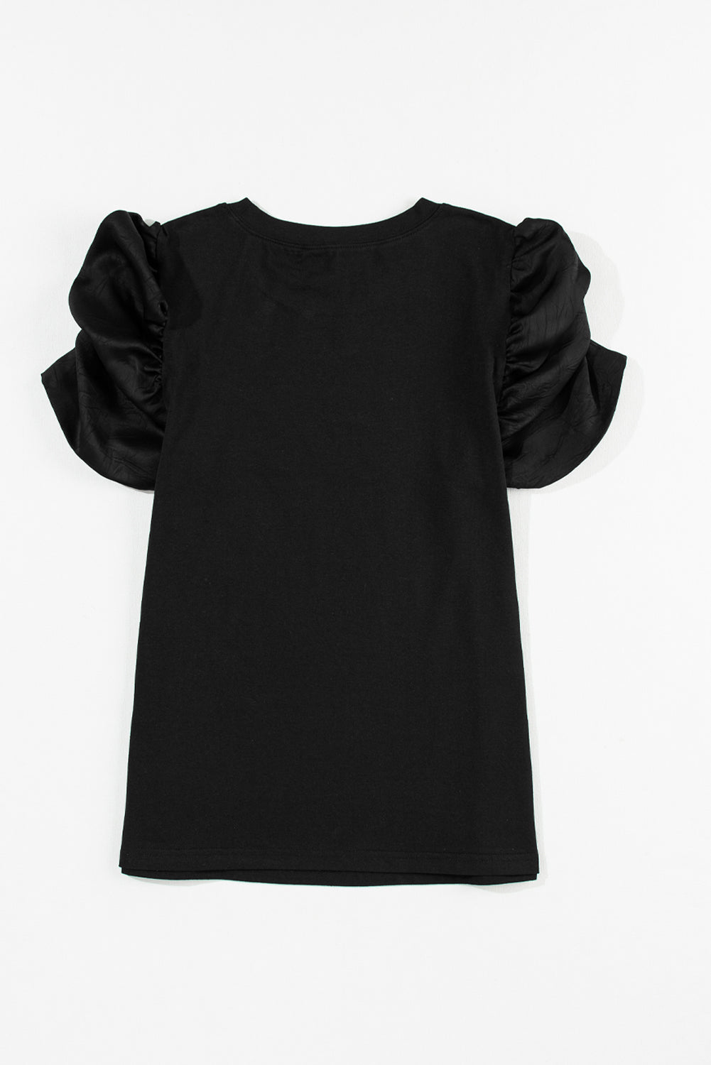 Black Ruched Puff Sleeve Solid Color Blouse