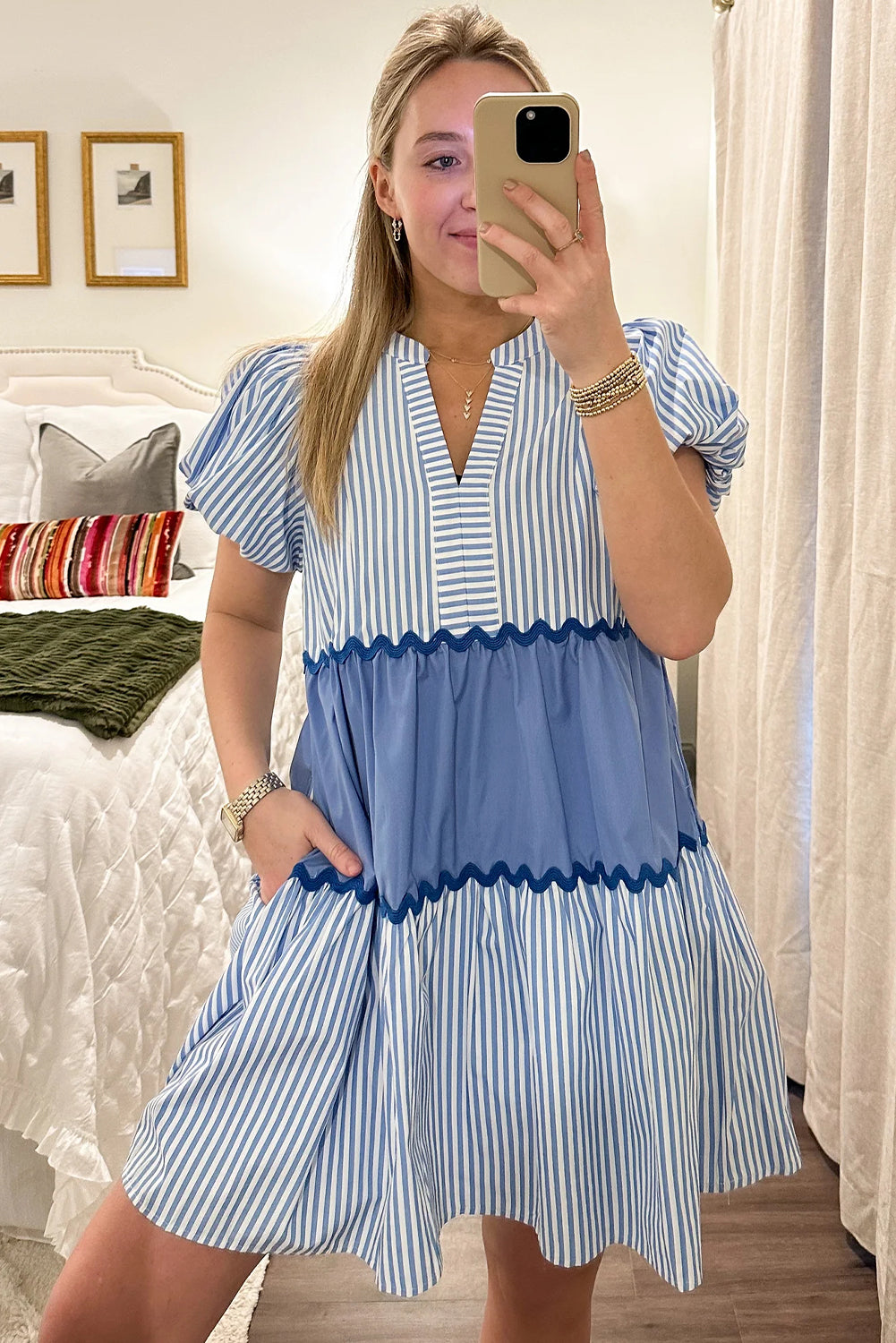 Sky Blue Striped Patchwork Puff Sleeve Pocketed Mini Dress