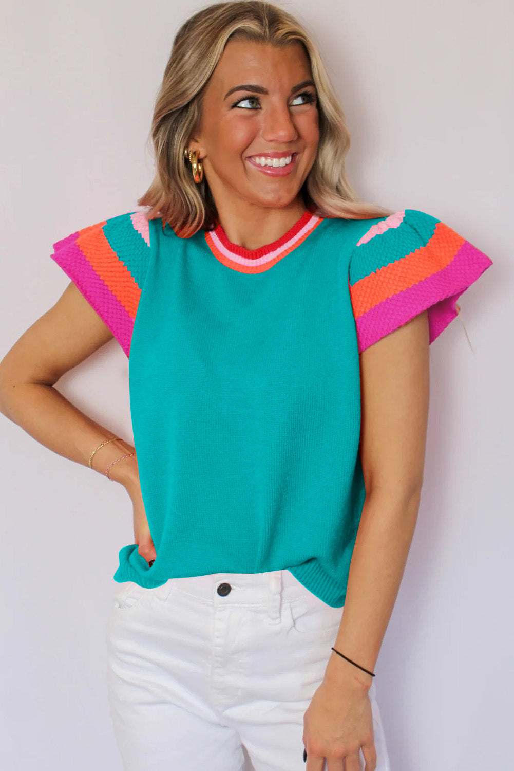 Turquoise Contrast Sleeve Striped Round Neck Knitted Tee