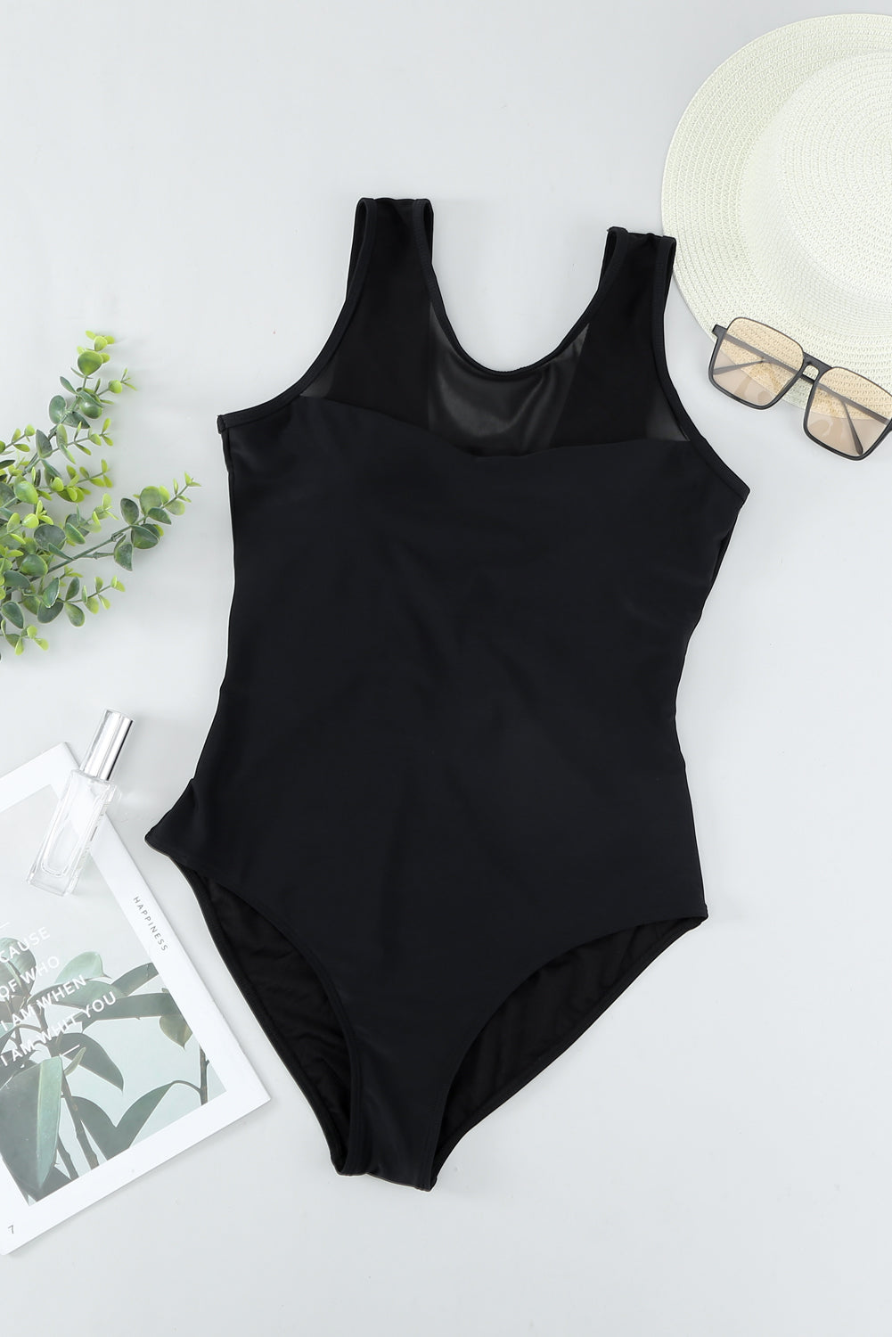 Black Hollow Out Back Mesh High Leg One Piece Swimsuit