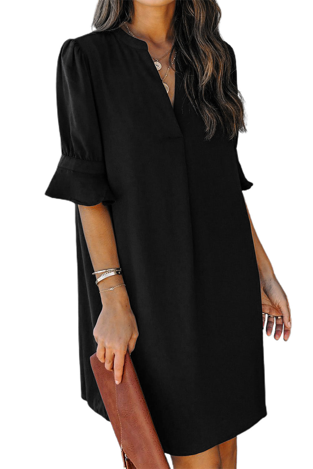 Black Split V Neck Short Sleeve Casual Tunic Dress