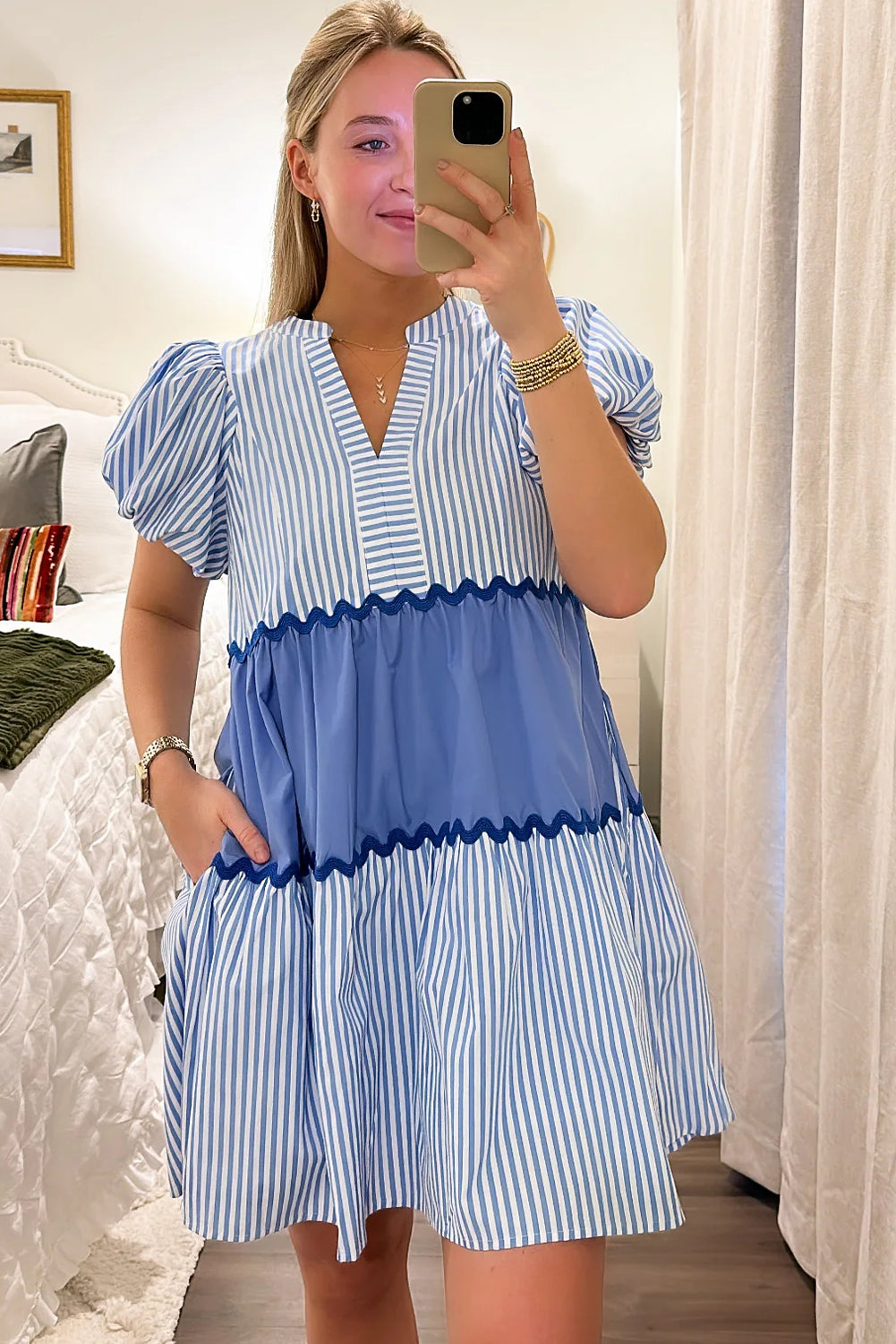 Sky Blue Striped Patchwork Puff Sleeve Pocketed Mini Dress