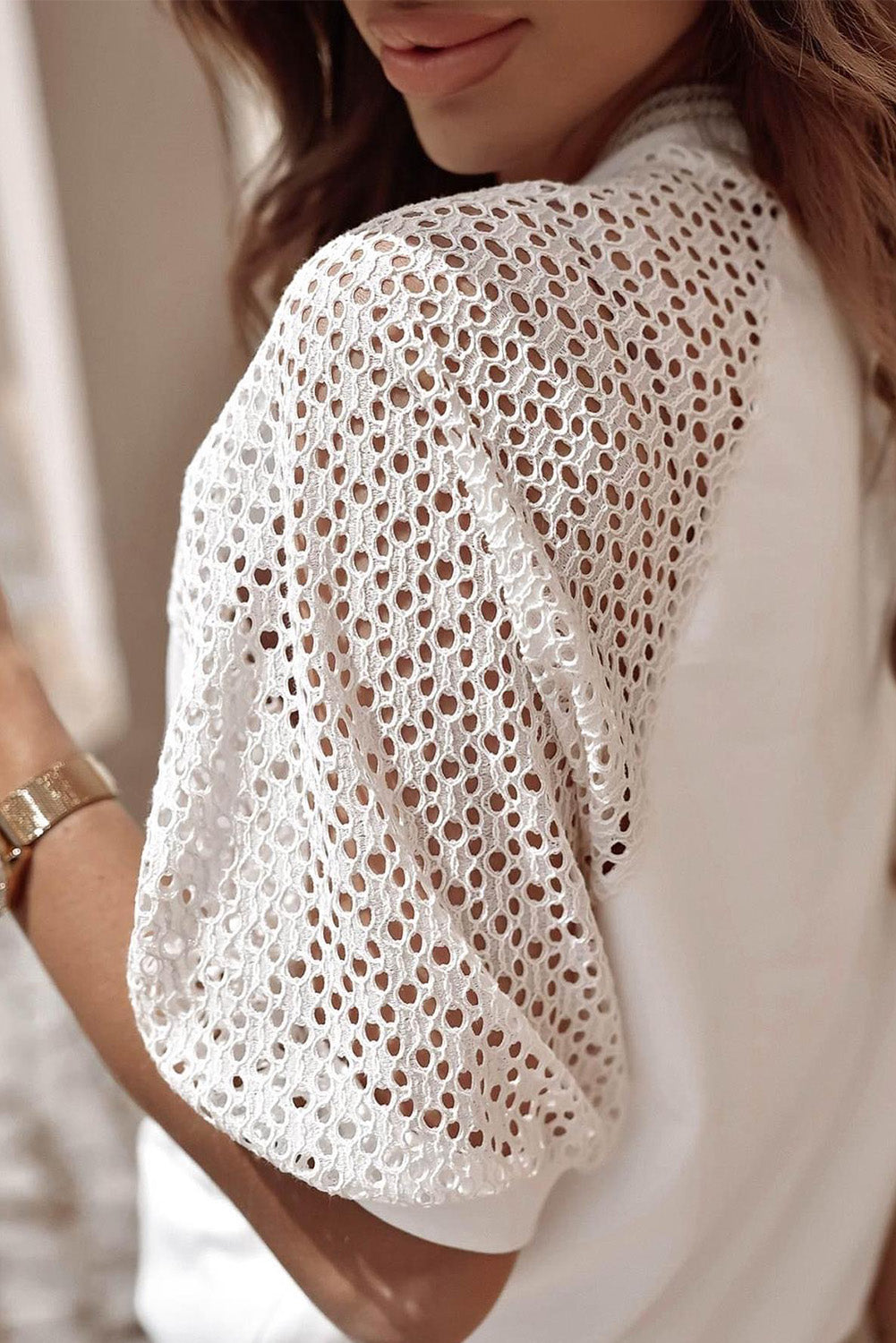 White Pointelle Lace Sleeve Loose Round Neck Tee