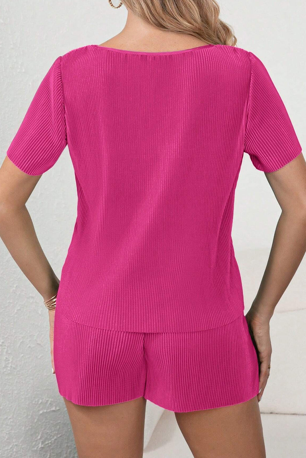 Bright Pink Ribbed Pleated Tee and Pocketed Shorts Set