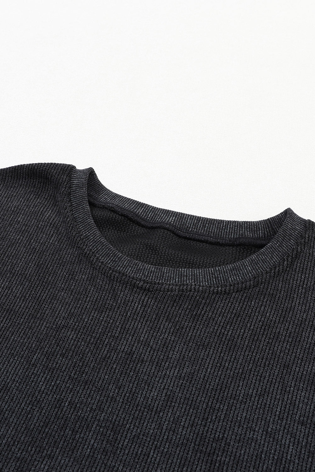 Blue Plain Solid Ribbed Knit Round Neck Pullover Sweatshirt