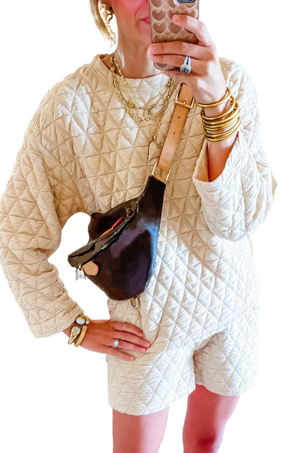 Beige Quilted Long Sleeve Top and Shorts Set