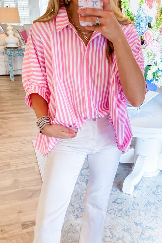 Pink Stripe Button Up Dolman Shirt