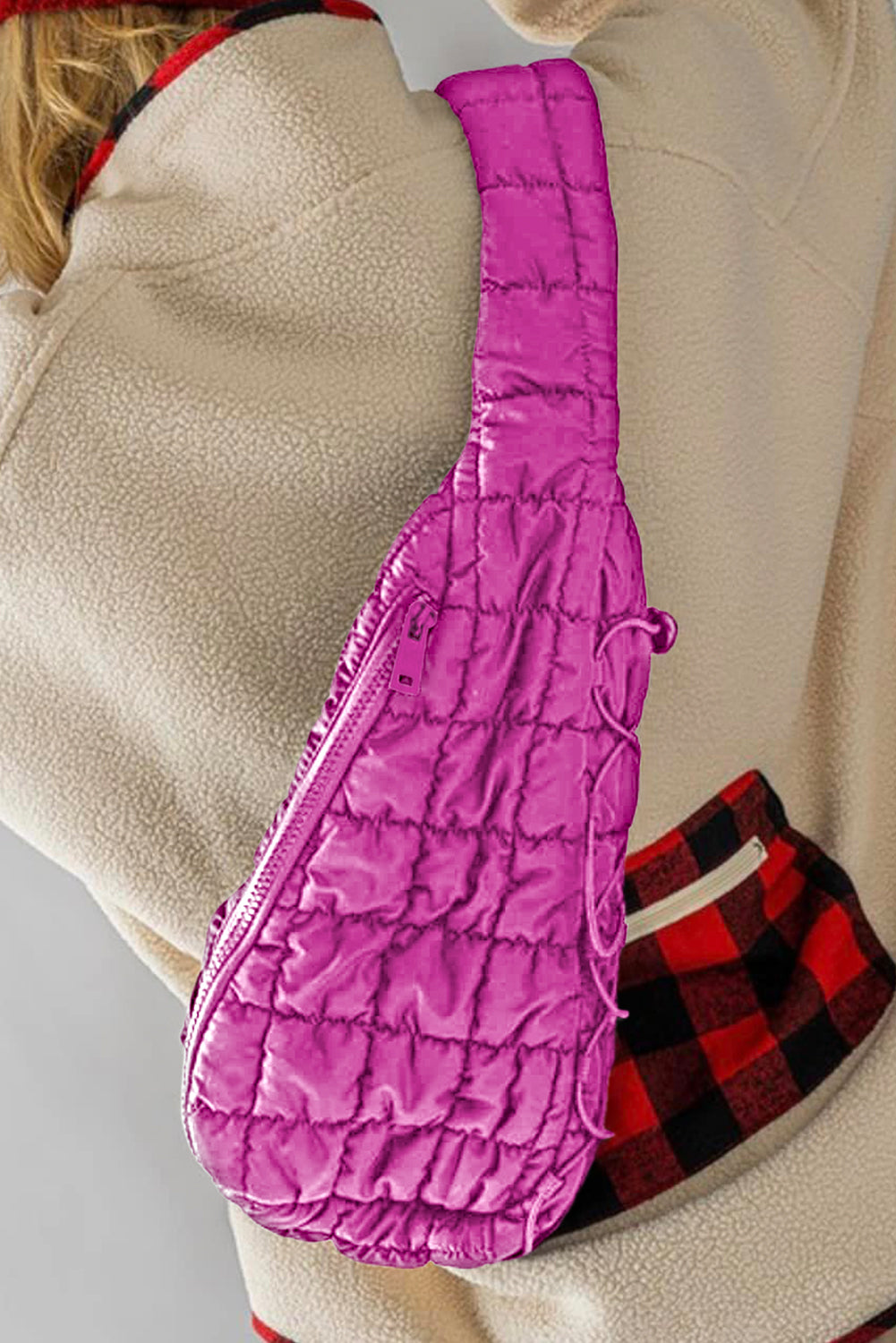 Bright Pink Marshmallow Quilted Drawstring Decor Crossbody Bag