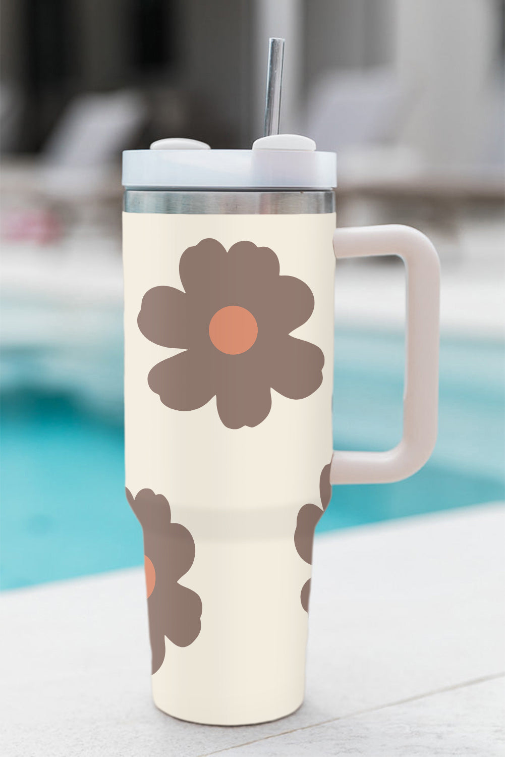 Light French Beige Floral Printed Cup with Straw & Lid