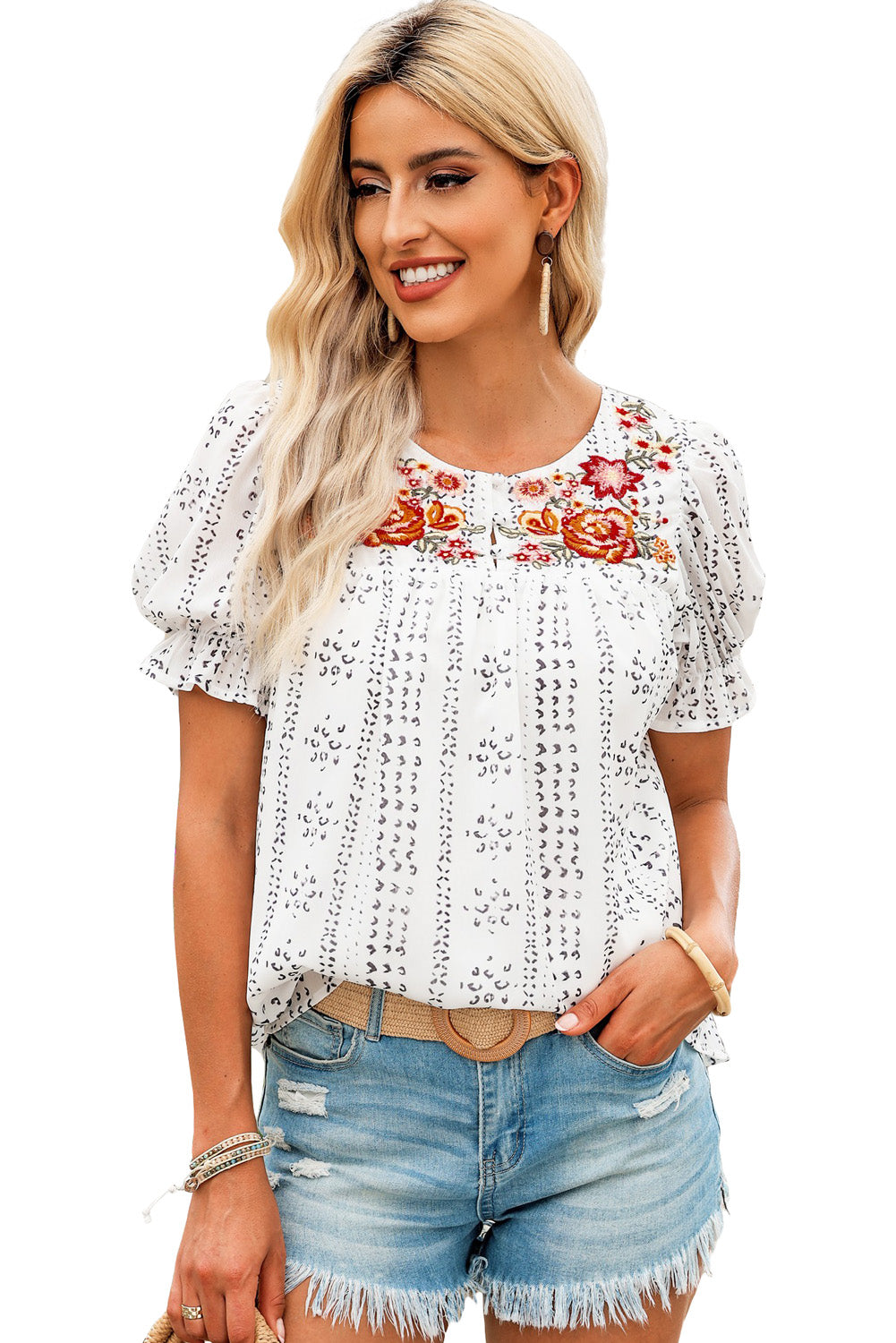 White Floral Embroidered Ethnic Printed Crinkle Blouse