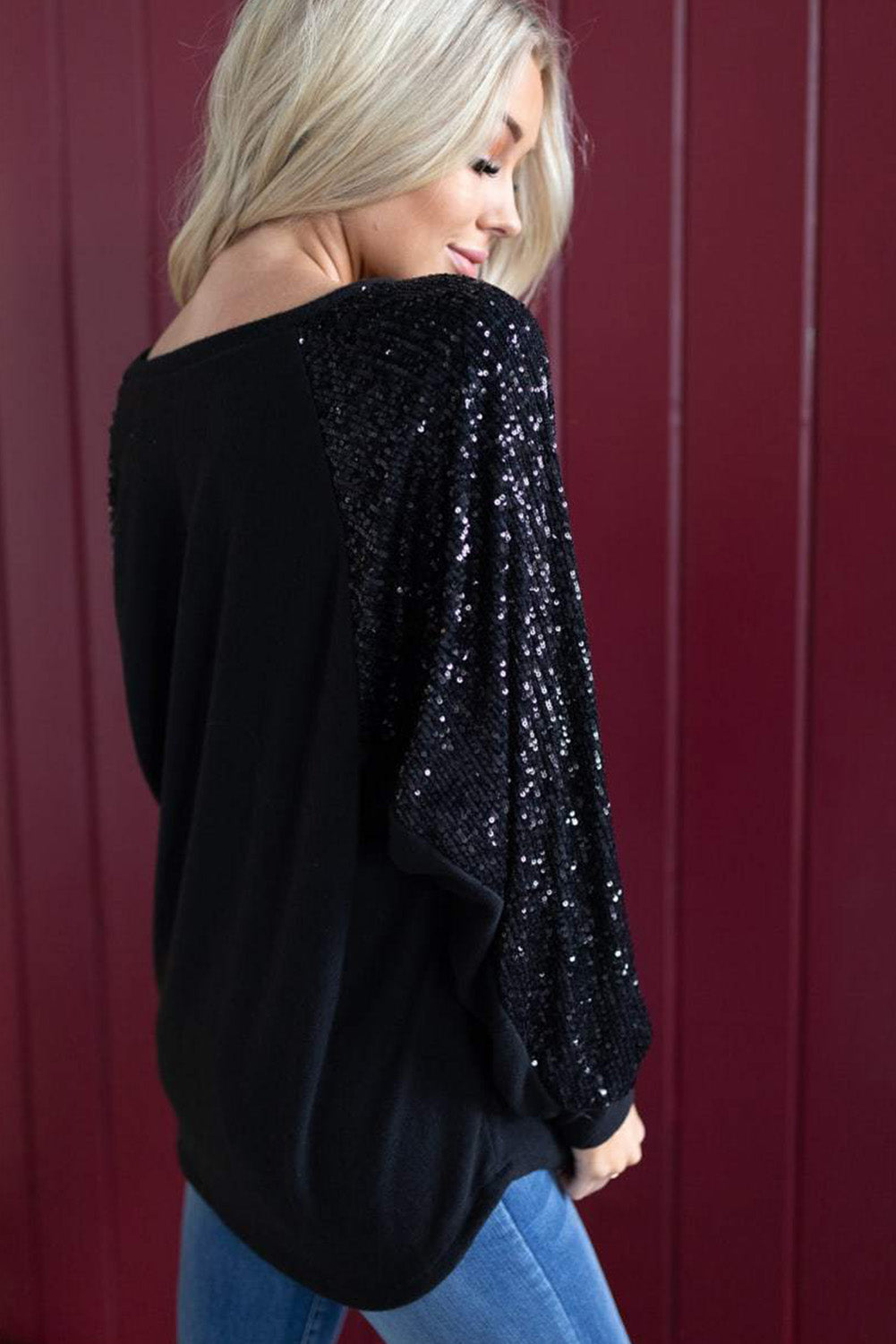 Black Solid Color Sequin Sleeve Round Neck Sweatshirt