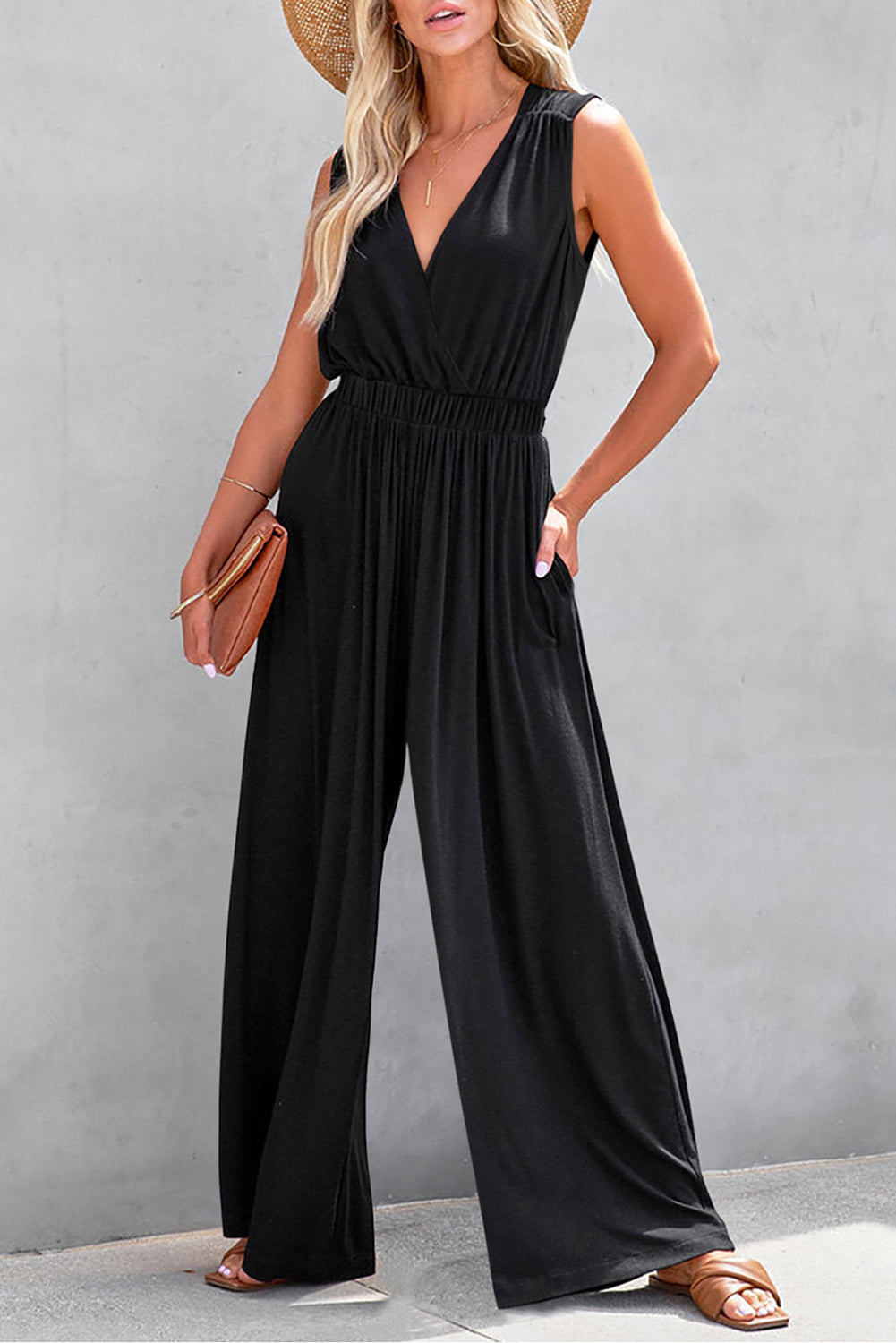 Jungle Green Deep V Pocketed Pleated Wide Leg Jumpsuit