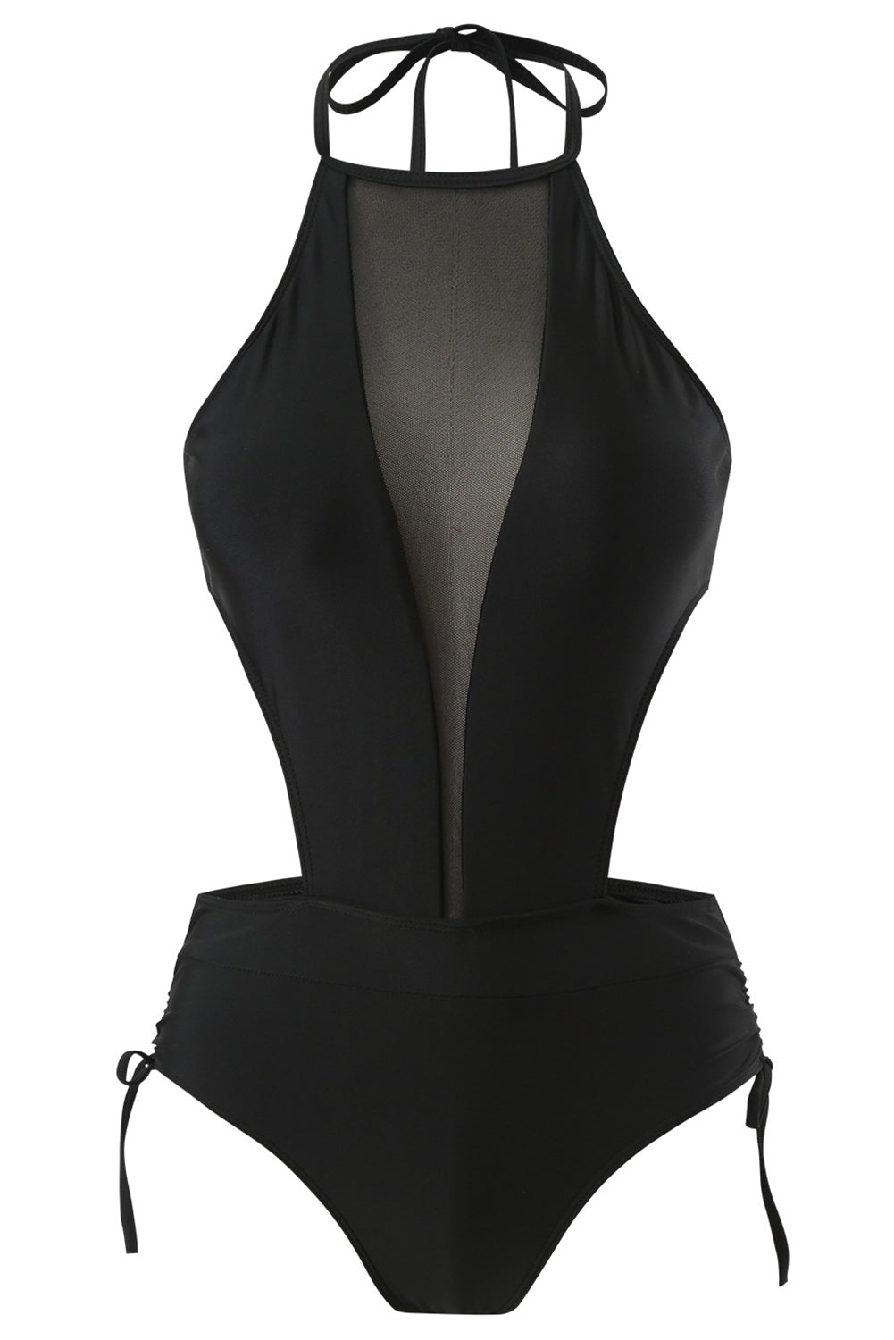 Black Mesh Splicing Knotted Halter Backless One Piece Swimsuit