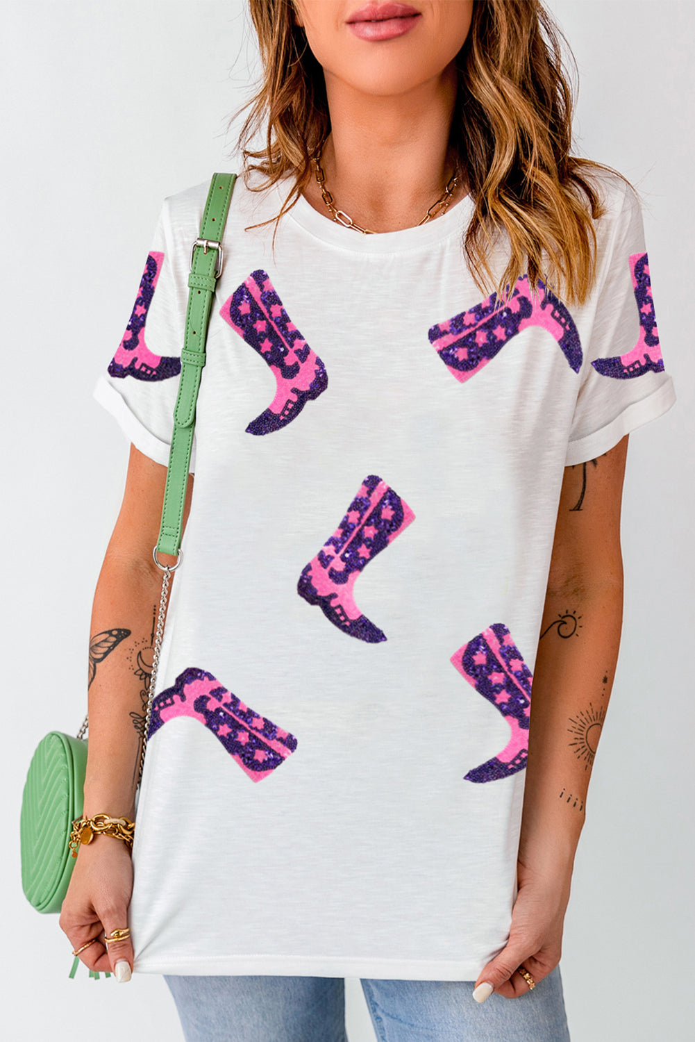 White Sequin Boots Graphic Round Neck T Shirt