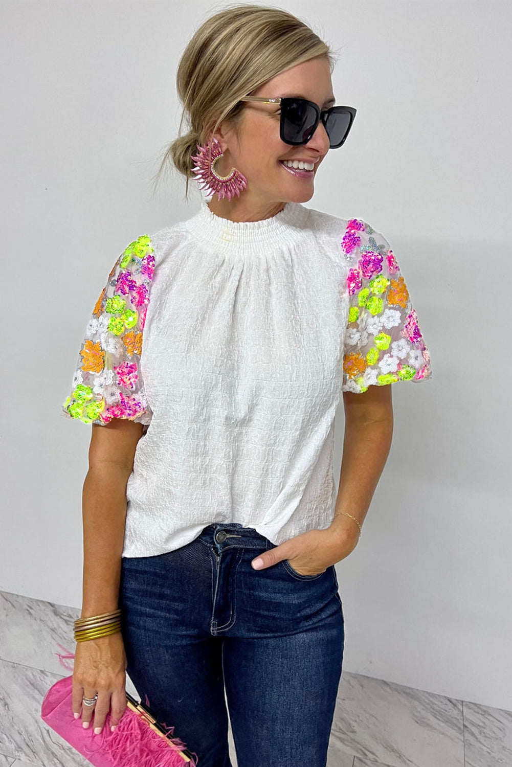 White Smocked Neck Sequin Flower Puff Sleeve Textured Top