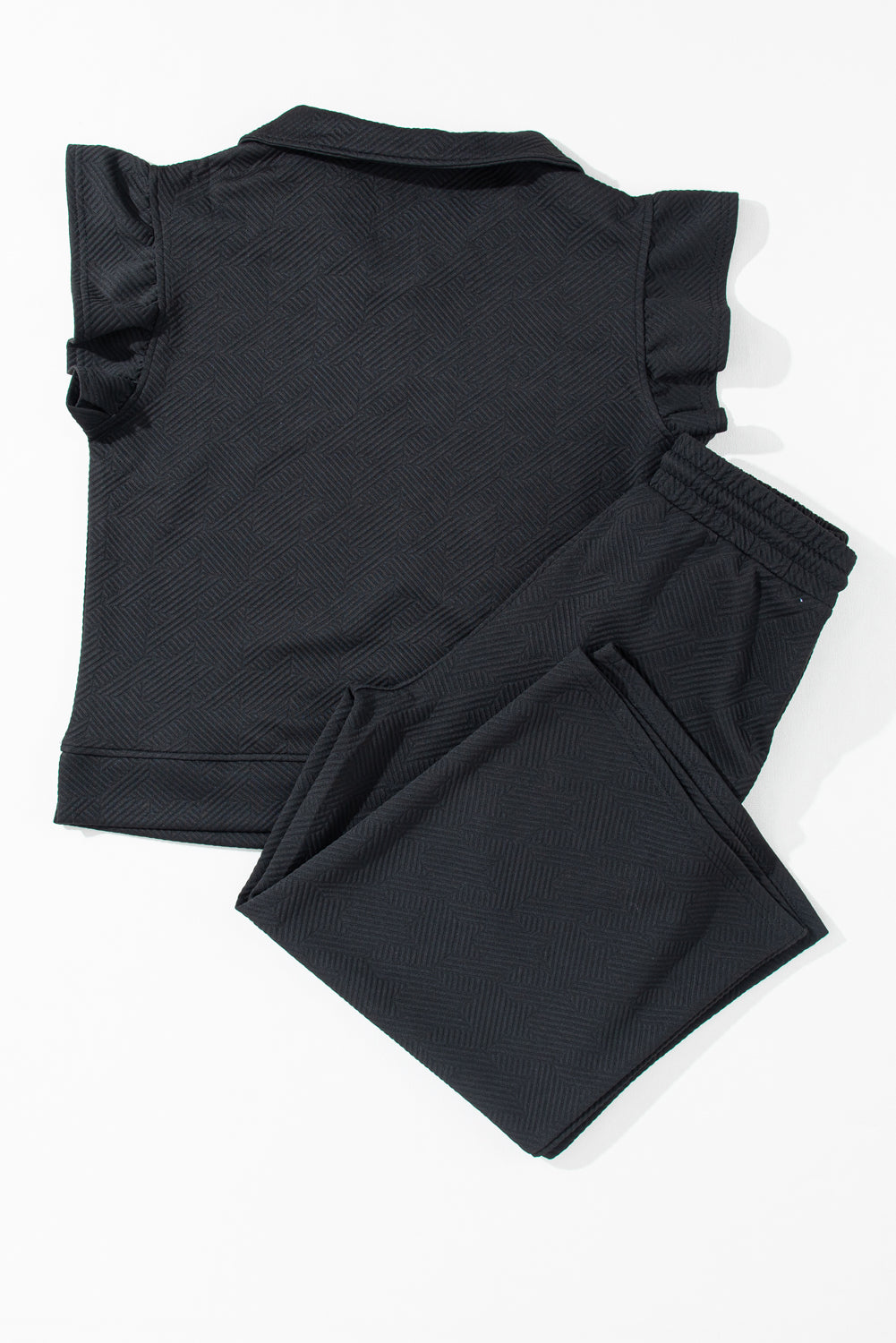 Black Textured Ruffle Cap Sleeve Top and Wide Leg Pants Set