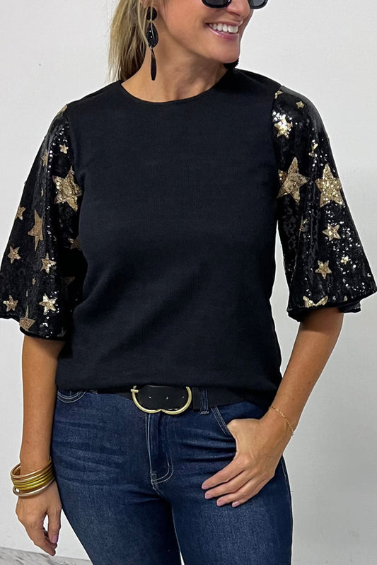 Black Star Sequin Patched Half Sleeve Blouse