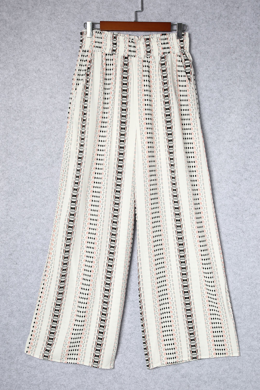 Beige Geometric Print Casual Shirred Wide Leg Pants