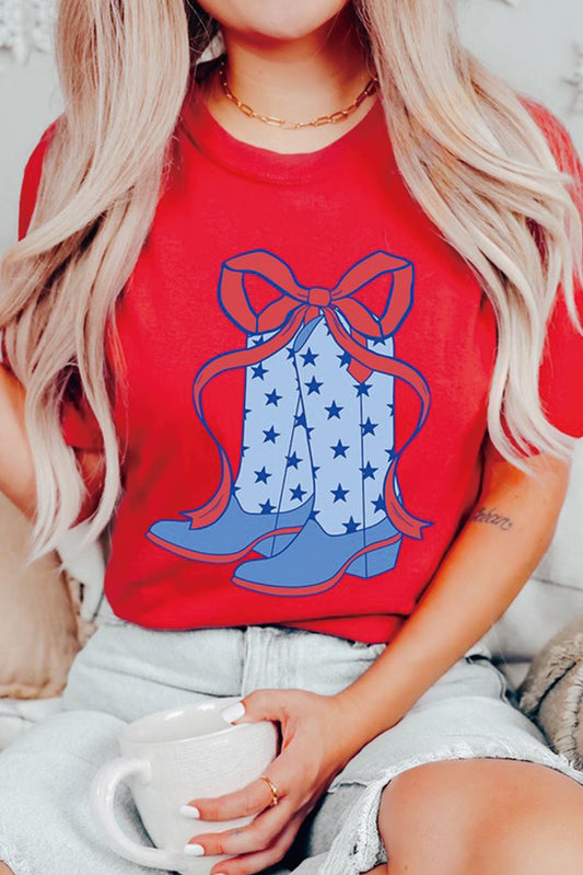 Red Star Boots Bow Knot Graphic Crew Neck T Shirt