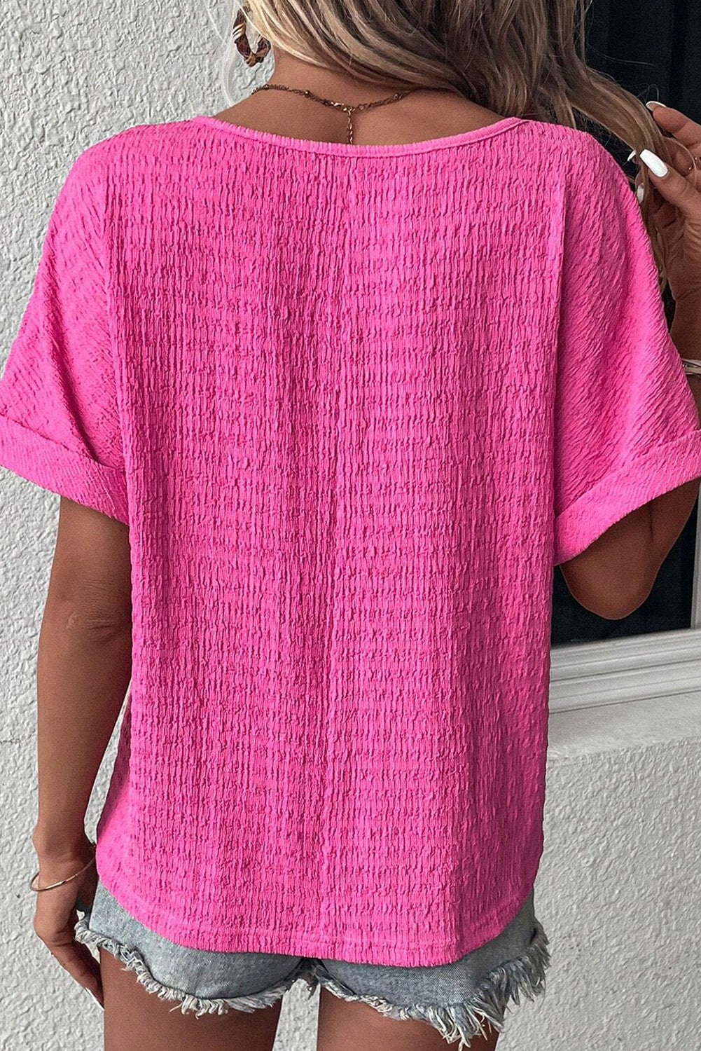 Bright Pink Textured V Neck Batwing Sleeve Plus Size Blouse