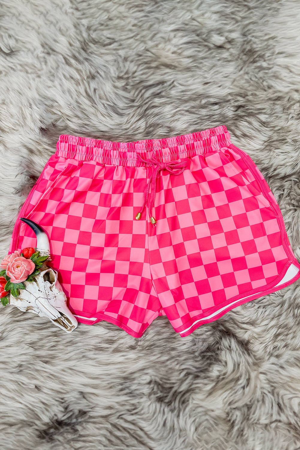 Rose Checkered Drawstring Elastic Waist Casual Shorts