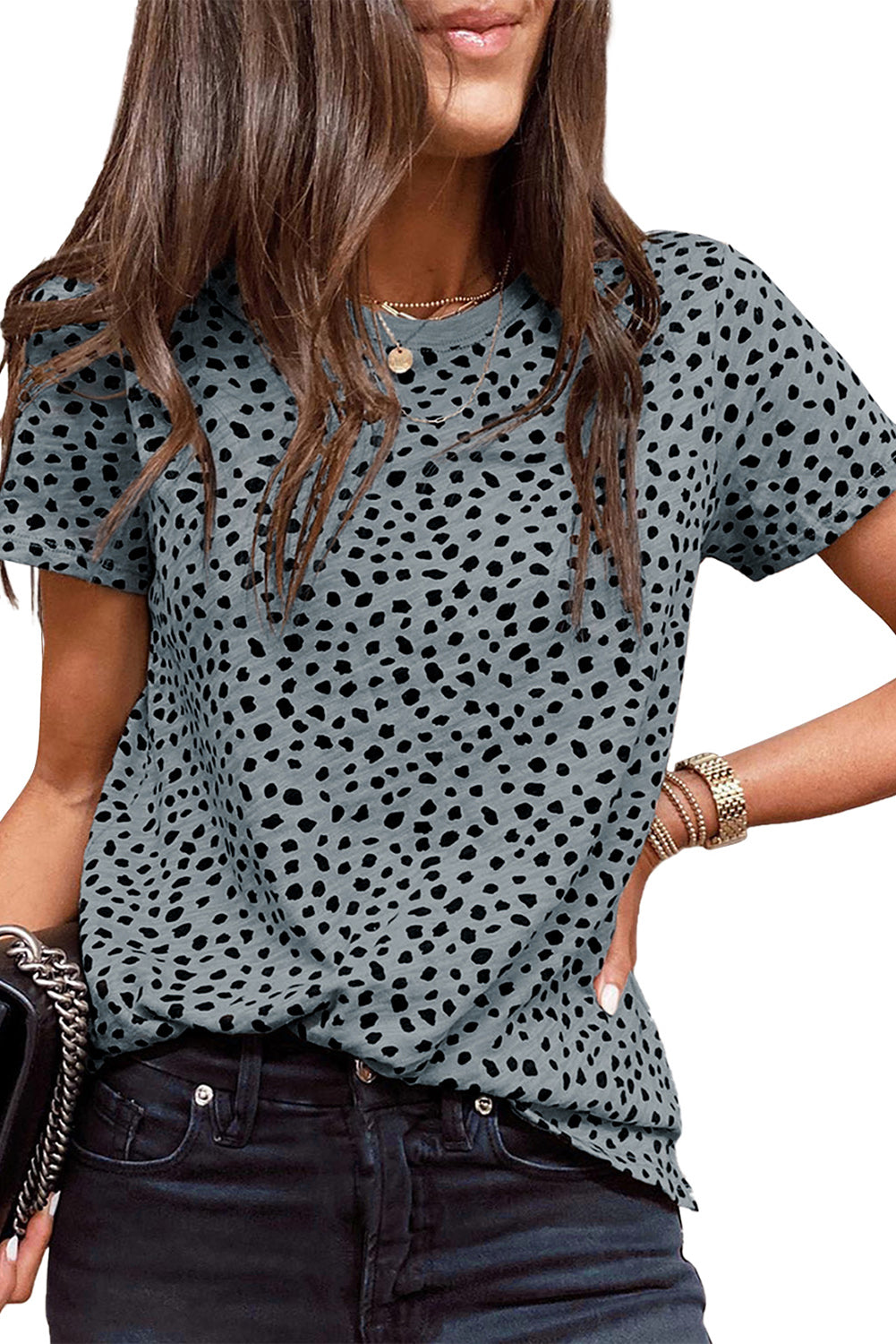 Black Cheetah Print Casual Short Sleeve Crew Neck T Shirt