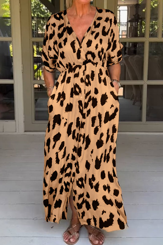 Khaki Leopard V Neck High Waist Buttoned Plus Maxi Dress
