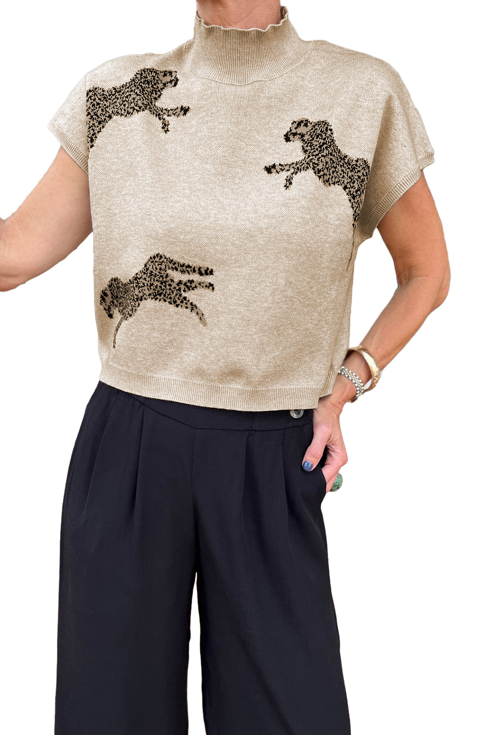 Apricot Cheetah Pattern Mock Neck Short Sleeve Sweater