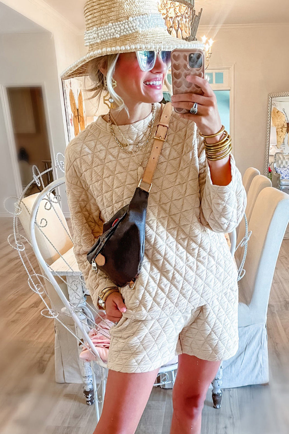 Beige Quilted Long Sleeve Top and Shorts Set