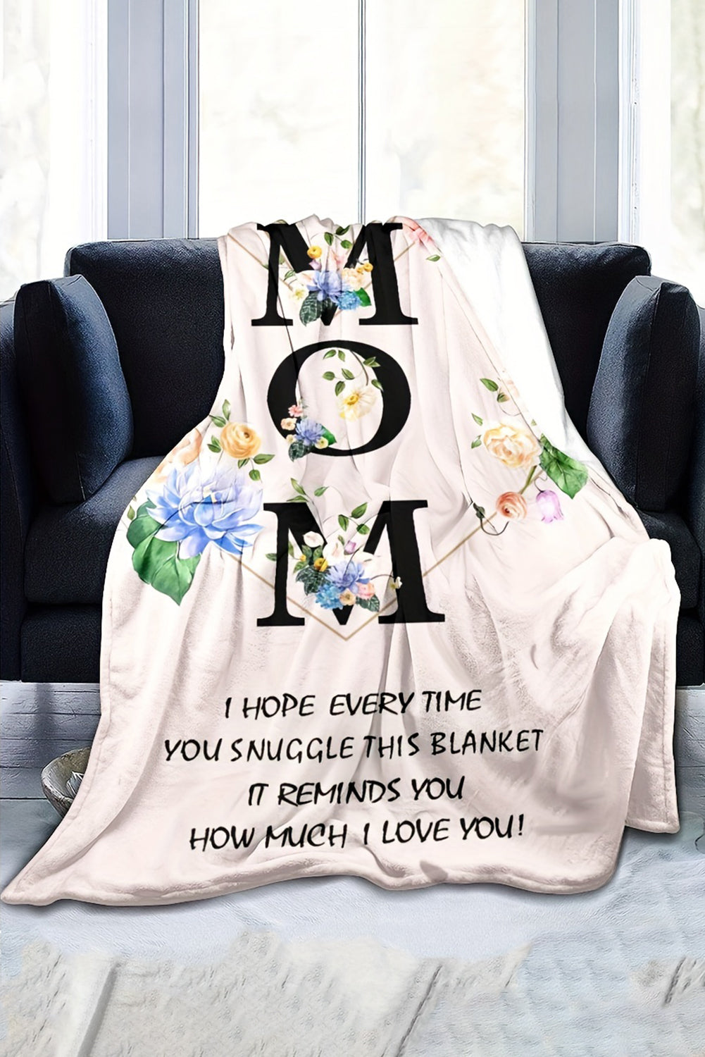 White MOM Floral Print Flannel Blanket 130*150cm