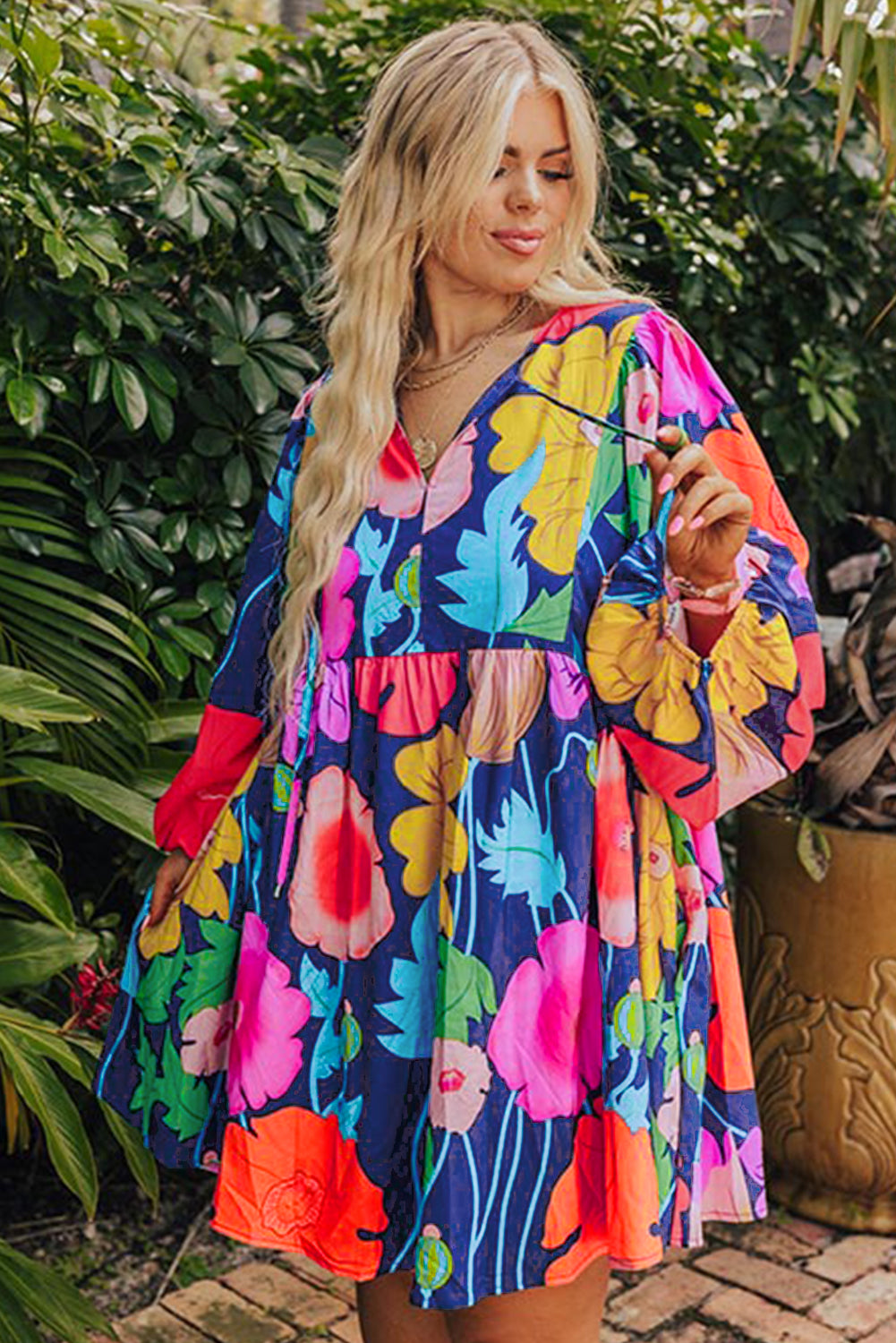 Colorful Floral V Neck Balloon Sleeve Plus Size Babydoll Dress