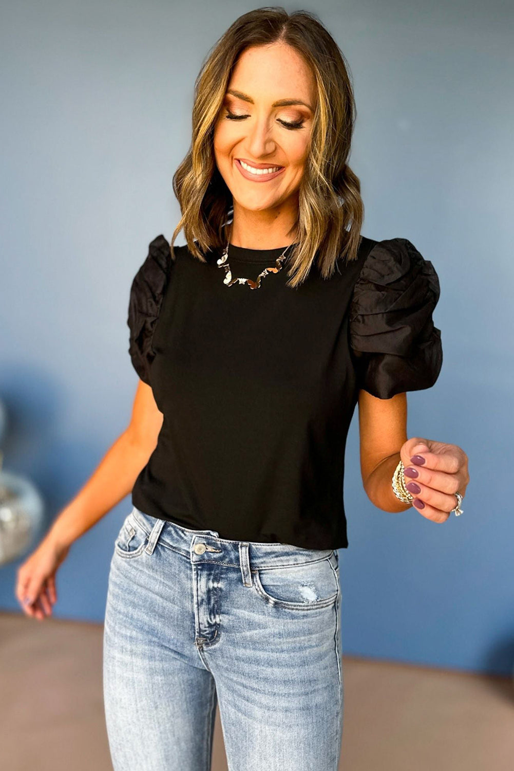 Black Ruched Puff Sleeve Solid Color Blouse