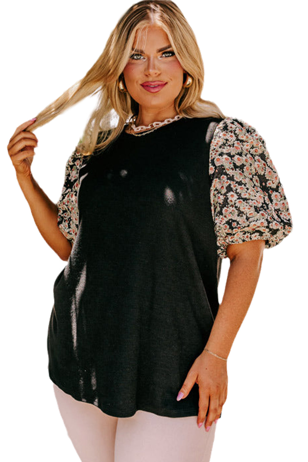 Black Plus Size Daisy Printed Short Bubble Sleeve Tunic Top