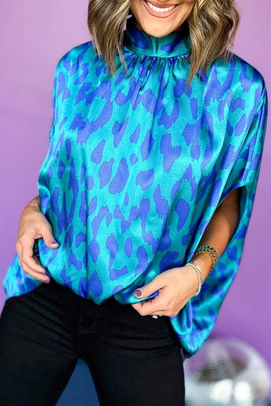 Blue Leopard Print Loose Batwing Sleeve Mock Neck Blouse