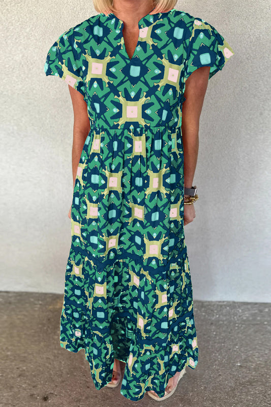 Sea Green Abstract Print Pleated Flounce Sleeve Maxi Dress